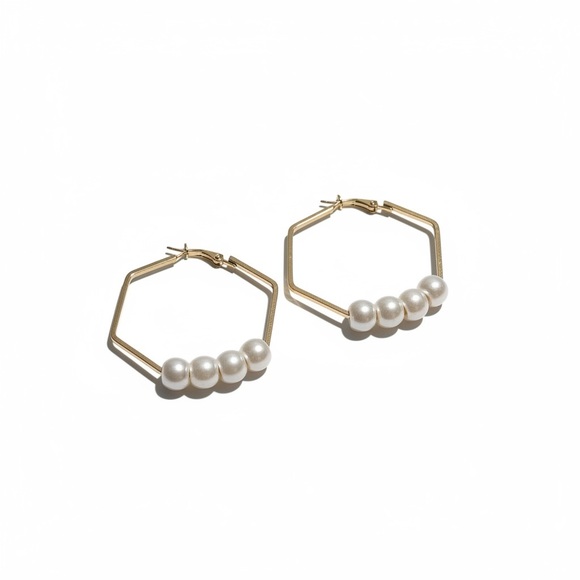 Gold and White Pearl Hoop Earrings - Picture 2 of 2